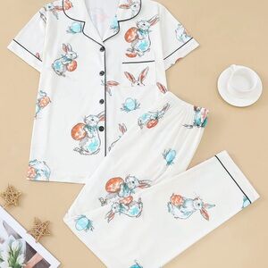 Ladies Bunny Print Pajama Set - White and Orange